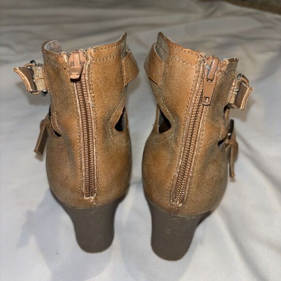 G by Guess camel Open Toe Bootie Block Heels Buckle Zip 9.5‎ Biker Cowgirl work - Picture 5 of 9